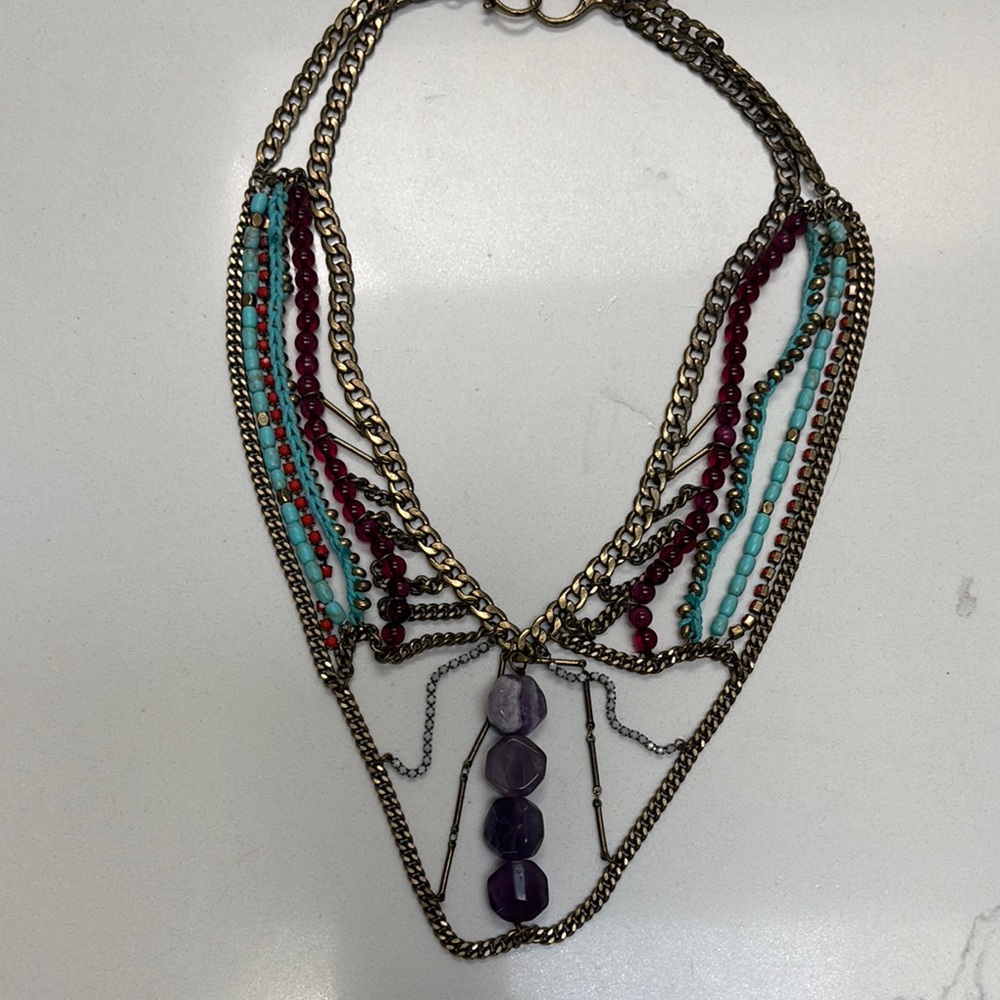 Fossil Multi-Color Beaded Chain Necklace Amethyst